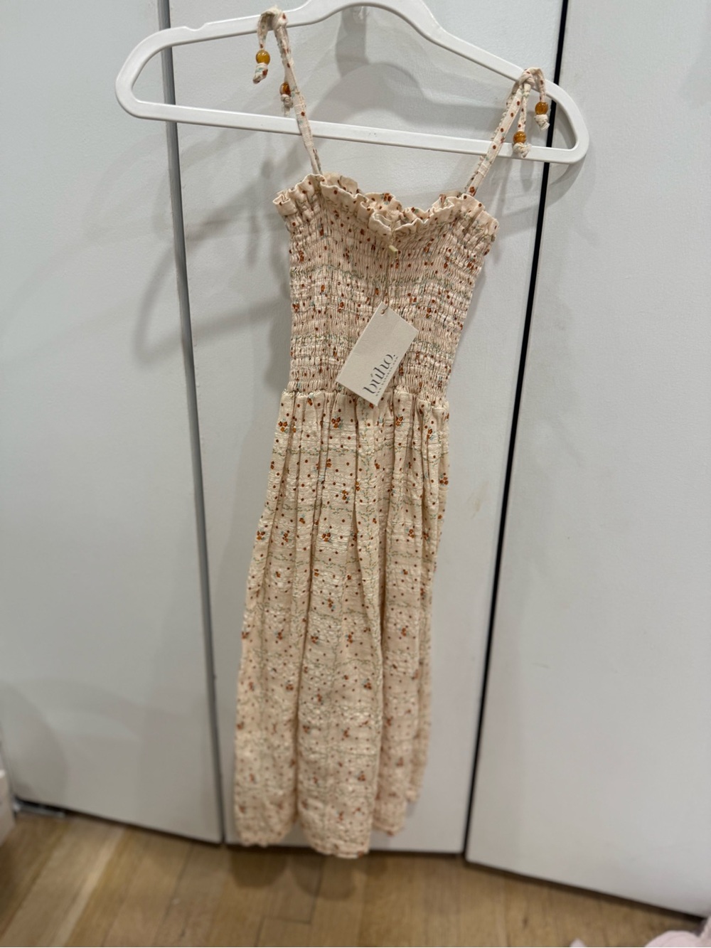 Smocked Midi Dress in Cream Floral with Adjustable Straps